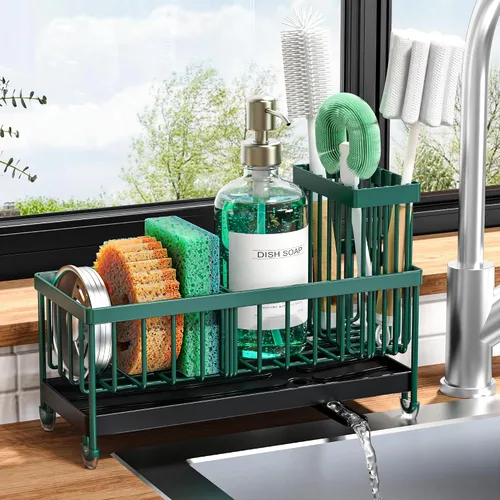 Miniatura 26 de Cisily Soporte de esponja negro extra grande para fregadero de cocina, organizador de fregadero con soporte alto para cepillos, organizadores