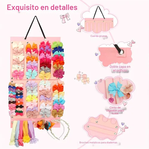 Miniatura 5 de Soporte y organizador de lazos para el cabello con gran capacidad, 16 cintas, organizador de lazos, exhibición de almacenamiento de accesorios