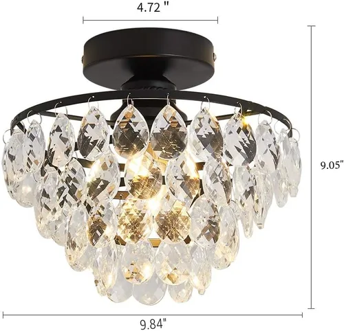 Miniatura 2 de YYJLX Lámpara de techo moderna de cristal pequeña, mini accesorio de luz de araña de montaje semiempotrado negro para pasillo, dormitorio, baño