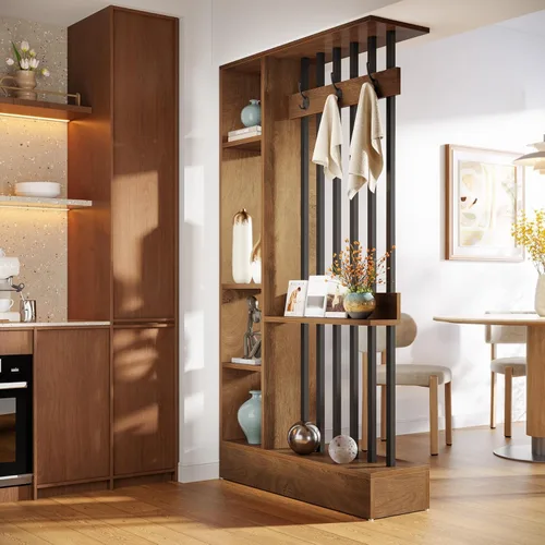 Miniatura 3 de Tribesigns Divisor de pared de habitación, estantería independiente de madera con estantes y ganchos para abrigos, partición de pared moderna de 71