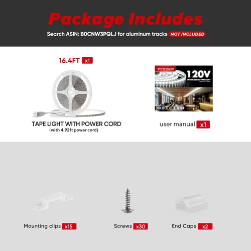 Miniatura 8 de Shine Decor Tira de luz LED súper brillante de 4000LM, Plug & Play de 120V sin controlador, cableado fácil, sin parpadeo, resistente a la intemperie