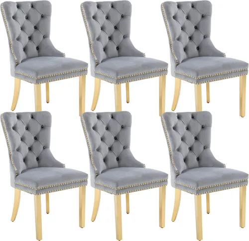 Miniatura 23 de KCC Juego de 2 sillas de comedor tapizadas de terciopelo, modernas sillas capitoné con botones con anillo de cabeza de león y patas de acero Patas
