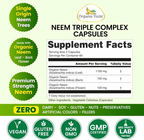 Miniatura 2 de Organic Veda Neem Capsules Triple Complex Extractos de hojas de neem, corteza y flores, suplemento de hierbas para el acné, limpia y limpia la salud