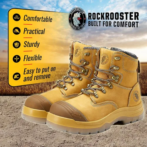 Miniatura 7 de ROCKROOSTER Botas de trabajo para hombre, 7 pulgadas, punta de acero, cremallera lateral, zapatos de cuero aceitado de seguridad antideslizantes