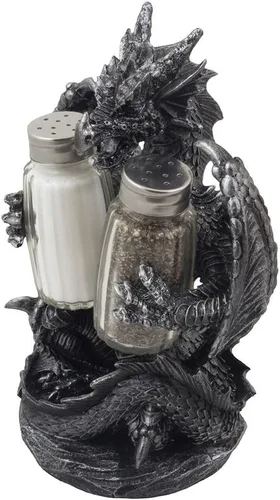 Miniatura 2 de Home-n-Gifts - Juego de salero y pimentero de dragón mítico con figura de soporte para decoración medieval y de fantasía o mesa de cocina