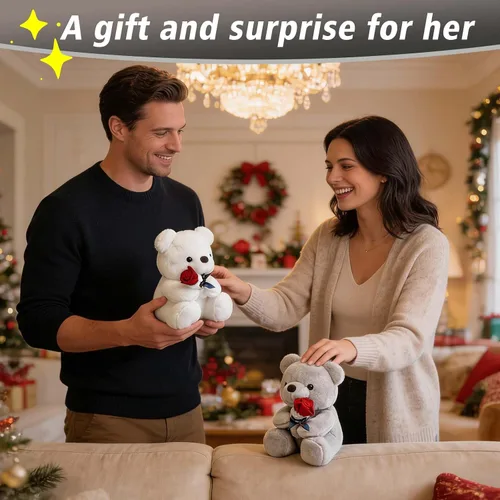 Miniatura 5 de HWD Oso de peluche de 9.8 pulgadas con rosa, muñeca de felpa suave, juguetes de peluche, regalos para ella/novia, amante, mamá, niños pequeños (gris)