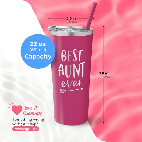 Miniatura 5 de Vaso personalizado de acero inoxidable con la frase "Best Aunt Ever", taza aislada con bonito diseño, tapa de cierre deslizante con pajilla