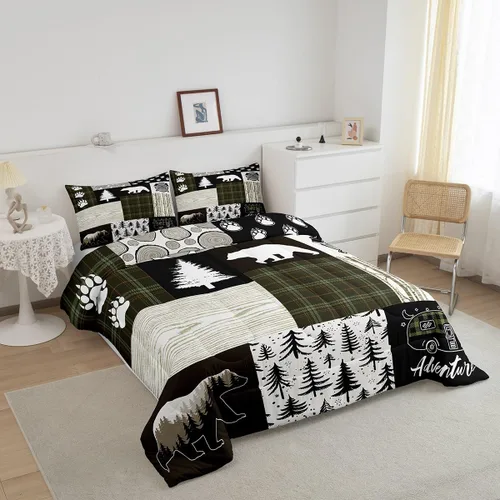 Miniatura 112 de Juego de edredón de cuernos de ciervo tamaño individual, juego de ropa de cama rústica de granja con huellas de oso y pinos para decoración
