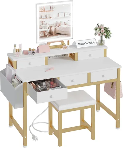 Miniatura 10 de Pequeño escritorio de maquillaje con luces, juego de tocador para niñas de 31 pulgadas con espejo y silla, tocador de maquillaje con cajones y toma