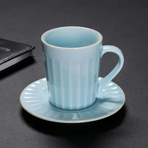 Miniatura 2 de CAPIJIONG 6.8 fl oz/6.67oz Vintage Cerámica Horno Taza de Café Set Creativo Simple Taza de Leche para Oficina Hogar Restaurante Café-Azul Esmalte