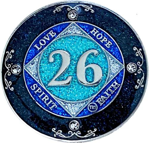 Miniatura 42 de NA 1 año de cristales y medallón de purpurina, moneda chapada en color plateado, arco iris negro, purpurina azul y cuatro cristales transparentes