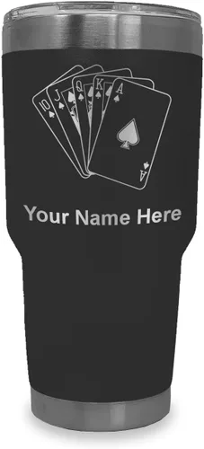 Miniatura 32 de LaserGram Vaso aislado al vacío de 20 onzas, tarjetas de póquer Royal Flush con grabado personalizado incluido (negro)