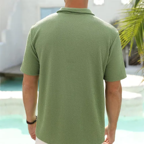 Miniatura 4 de Camisas polo casuales a rayas para hombre Moda atlética elástica cuello con cremallera manga corta ajustada