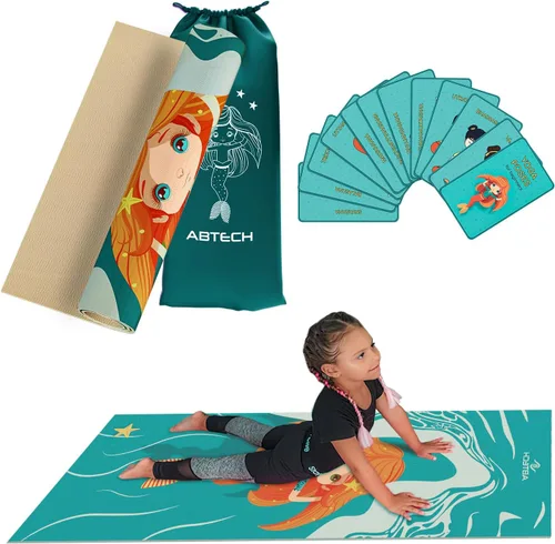 Set de Esterillas de Yoga para Niños de ABTECH - Cómoda Esterilla de Yoga Infantil de Dinosaurio para Niño con 12 Tarjetas de Yoga, Bolsa de Sirena