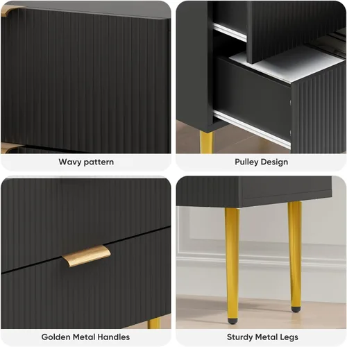 Miniatura 3 de Mesita de noche, mesita de noche negra y dorada con panel estriado, mesa de cabecera con 2 cajones, mesita de noche moderna grande de mediados
