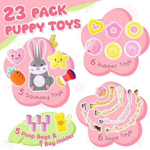 Miniatura 3 de Zeaxuie Paquete de 23 juguetes rosados para cachorros para dentición, juguetes para perros pequeños con lindos juguetes masticables para cachorros