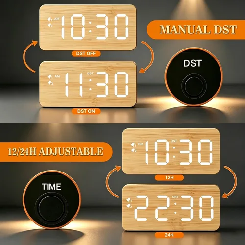 Miniatura 8 de URAYCO Reloj despertador digital de madera con cargador inalámbrico rápido de 10W, puertos de carga USB, DST, atenuable, modo repetición, pantalla