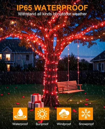 Miniatura 5 de 120 luces LED de Navidad de 40 pies para exteriores, guirnalda de luces de Navidad naranja impermeable, 8 modos de luces conectables para árbol