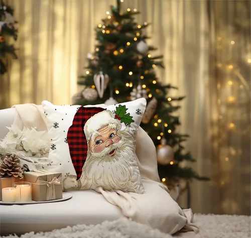 Miniatura 2 de Juego de 4 fundas de almohada decorativas de Navidad de 18 x 18 pulgadas, diseño de rayas rojas, Papá Noel, muñeco de nieve, copo de nieve, árbol
