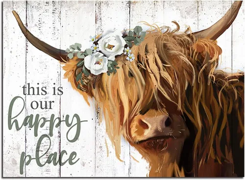 Miniatura 7 de Arte de pared de vaca de las montañas – This Is Our Happy Place - Póster de lienzo inspirador para el hogar, vaca escocesa de pelo largo con imagen