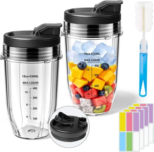 ENVTEK Vasos de repuesto para licuadora de 18 onzas para Ninja, paquete de 2, tapas a prueba de fugas, etiquetas impermeables para escribir (24