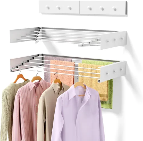 ZMBESUP Mejora Perchero de Secado de Ropa, Perchero de 80 cm de Secado de Ropa Montado en la Pared, Plegable, 5 Varillas de Aluminio con 6 Ganchos,