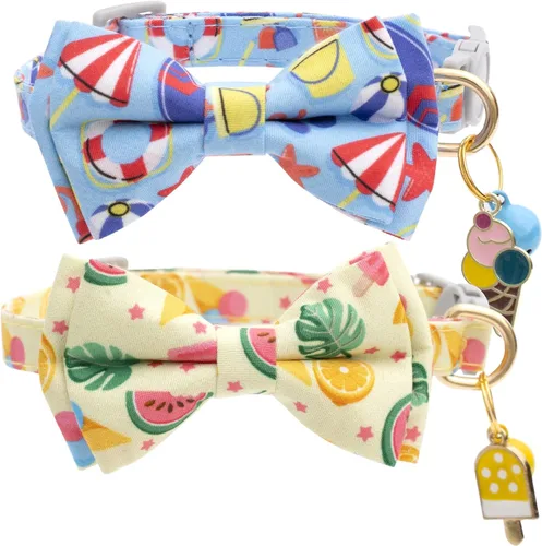 Miniatura 10 de Faygarsle Paquete de 2 collares de gato lindos con campana de moño separable para gatos machos y hembras, patrón de sandía, limón y rosa de lujo