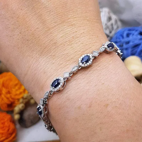 Miniatura 6 de Dazzlingrock Collection Pulsera de eslabones de mujer de diamante blanco de corte ovalado real con zafiro azul y corte redondo, plata esterlina