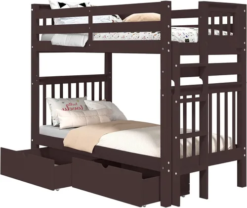 Miniatura 2 de Bedz King Literas altas de tamaño individual sobre individual, estilo Mission con escalera lateral y 2 cajones debajo de la cama, color cereza oscuro