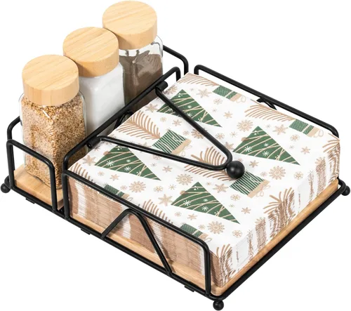 Juego de 4 servilletas de metal con salero y pimentero, base de madera, moderno servilletero plano para mesa, decoración de mesa de cocina, cóctel,