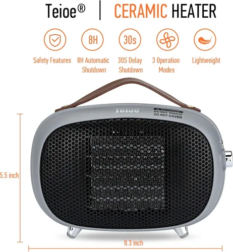 Miniatura 2 de Calentador de Espacio, Mini Calentador de Espacio Eléctrico Teioe 800W/400W, Pequeño Calentador de Cerámica PTC con Protección contra Vuelco y Gris