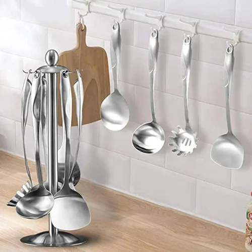 Miniatura 6 de Juego de utensilios de cocina – 6 piezas de utensilios de cocina de acero inoxidable 304 con soporte giratorio organizador incluye cuchara ranurada