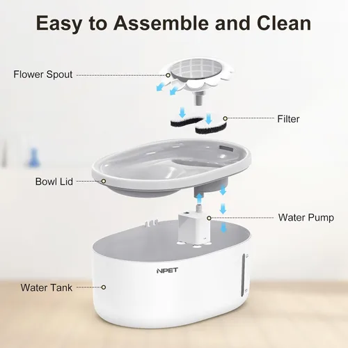 Miniatura 7 de NPET fuente de agua para gatos con ventana de nivel de agua visible, gris y blanco, fuente de agua automática para mascotas de 2 l/67 oz con bomba