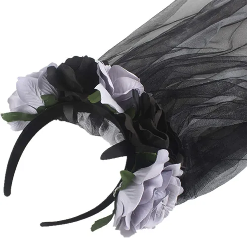 Miniatura 3 de Disfraz de Halloween para mujer, guirnalda de rosas rojas y negras, diadema gótica con flores, diadema para cadáver, velo de novia, cosplay, corona