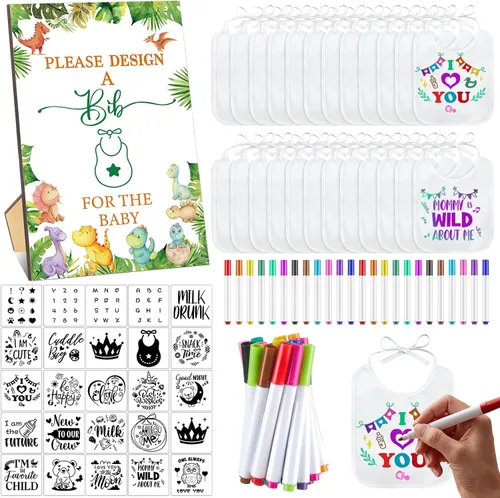 Miniatura 9 de Panitay Kit de decoración de 100 baberos para bebé, 50 baberos blancos, 25 plantillas, 24 marcadores de tela, 1 letrero de juego para baby shower