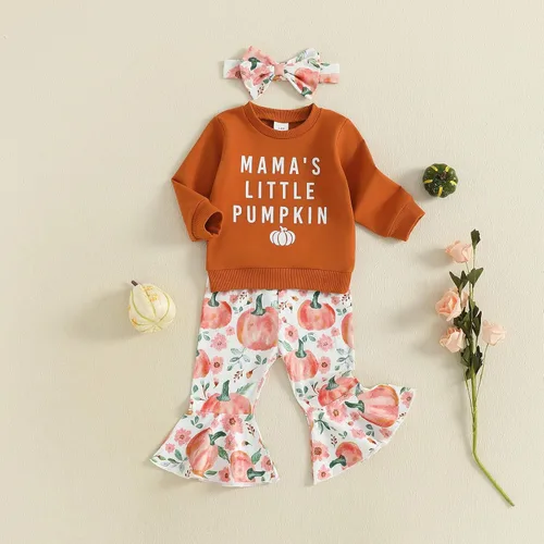 Miniatura 75 de Conjunto de sudadera con cuello redondo y estampado de pastel de calabaza para niña, camiseta y pantalones acampanados