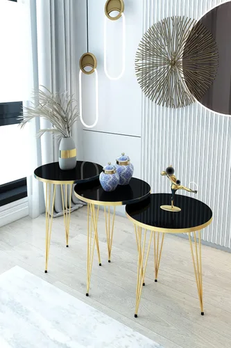 Miniatura 4 de Juego de 3 mesas auxiliares anidables con patas de color negro y dorado de alto brillo, mesa auxiliar apilable de madera con patas de metal