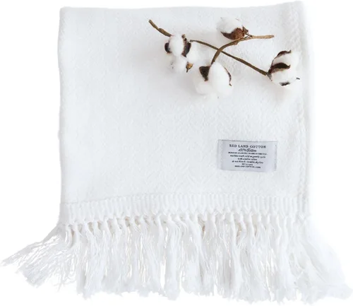 Red Land Cotton | Manta de 100% algodón hecha en Estados Unidos | Manta suave y transpirable con tejido tipo cesta | Fácil de lavar | Blanca