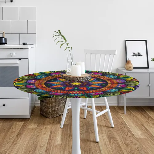 Miniatura 7 de cfpolar Mantel redondo con diseño mandala y borde elástico, mantel étnico lavable y limpiable con flores coloridas, funda de mesa de poliéster