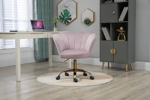 Miniatura 2 de Silla cómoda de oficina en casa con ruedas, linda silla de escritorio de tocador giratoria ajustable de terciopelo con respaldo de concha marina