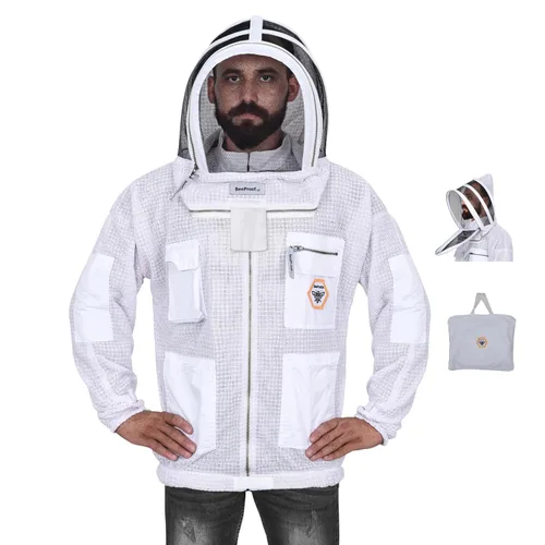 Miniatura 23 de BP-302 Apicultura con velo de 3 capas ultra ventilado con cremalleras YKK y cercas de seguridad para velo redondo marrón profesional (3XL)