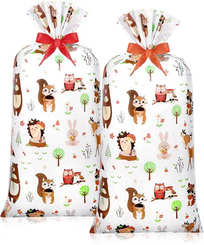 Teling 2 bolsas de regalo de plástico de animales grandes de 70 x 40 pulgadas, bolsas de almacenamiento de plástico de gran tamaño con 2 rollos de