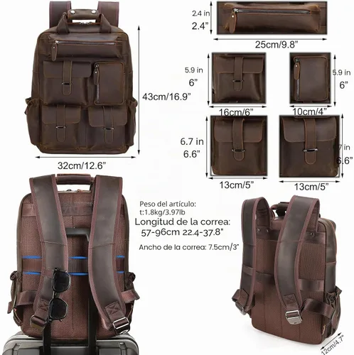 Miniatura 4 de Mochila de cuero genuino para hombre, estilo vintage, de 15.6 pulgadas, bolsa para computadora portátil, varios bolsillos, mochila casual de viaje