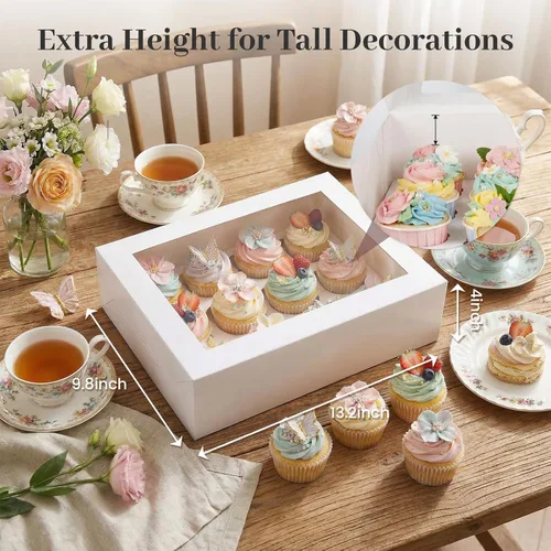 Miniatura 2 de VGOODALL 12 Cajas para Cupcakes, 12PCS Portacupcakes con Ventana Cajas Blancas de Pastelería para Cumpleaños Fiestas Navideñas Suministros