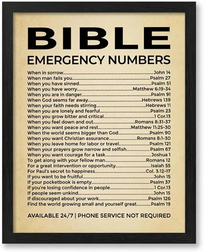 Números de emergencia bíblica – Impresión cristiana para decoración de pared, arte de fe inspirador vintage para sala de estar, oficina, iglesia o