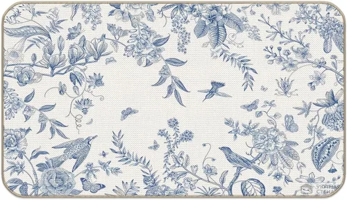 Tapete decorativo de 17 x 30 pulgadas con diseño de pájaros y flores, color azul y blanco, tapete decorativo para puerta de porche para interiores y