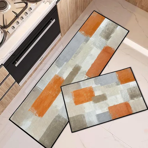 Juego de 2 alfombras y tapetes de cocina abstractos color naranja, antideslizantes, lavables, color beige, contemporáneo, pintura artística para