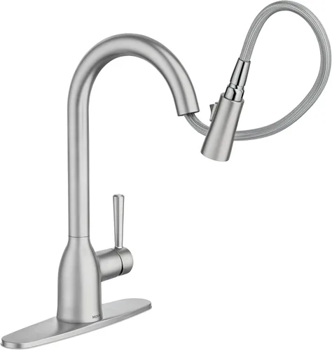 Miniatura 4 de Moen Adler Grifo de fregadero de cocina cromado de un solo mango con arco alto y fuerza de limpieza, llave de cocina moderna con rociador extraíble