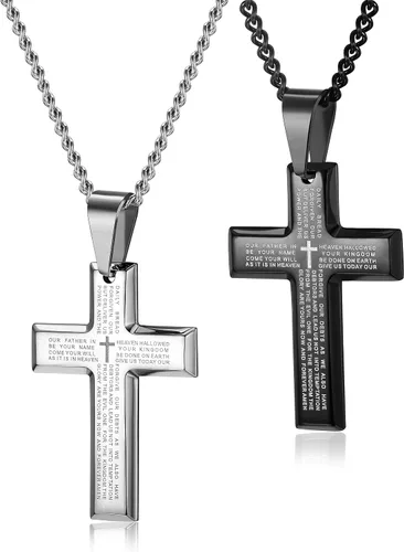 LOYALLOOK Collar de acero inoxidable para hombre, 24 pulgadas, plata y tono negro con cruz colgante de oración del señor