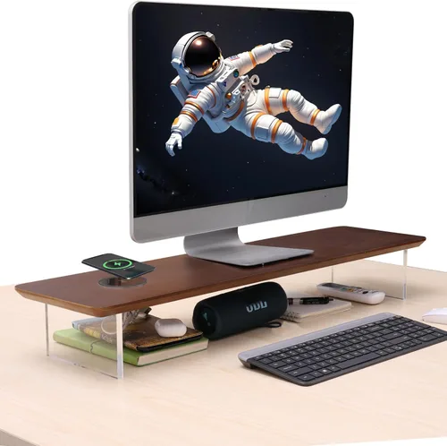 Miniatura 7 de SUIBIAN Soporte elevador de monitor negro con carga inalámbrica de 31.5 pulgadas, grande, soporte para monitor de computadora, estante organizador